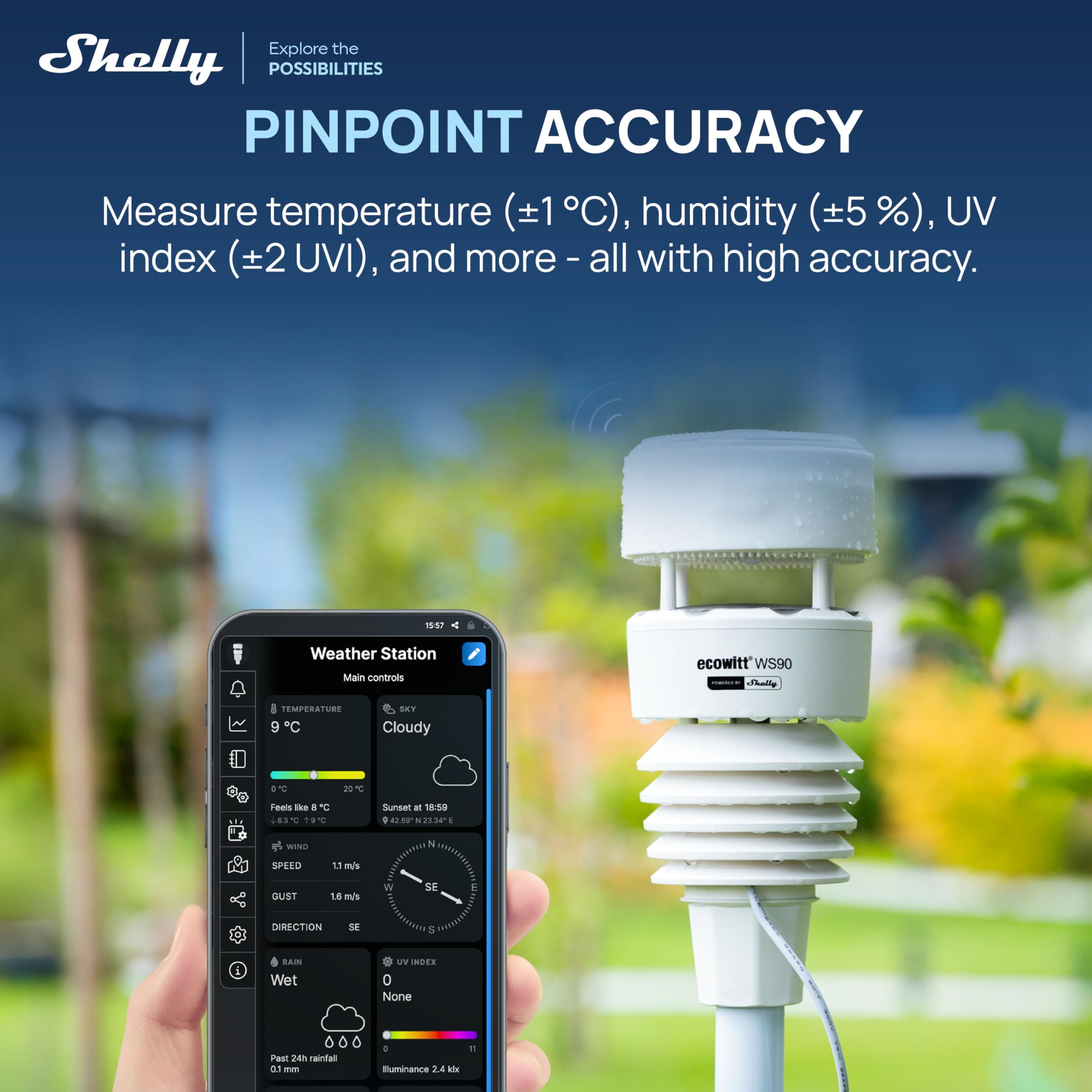 Ecowitt WS90 Powered by Shelly - Bluetooth & Zigbee 7-in-1 Smart Wetterstation, Smarte Bewässerung & Gartenbau, UV- & Solarstrahlungsmessung, Haptische Regenmessung, IPX5, Shelly Smart Control App 3