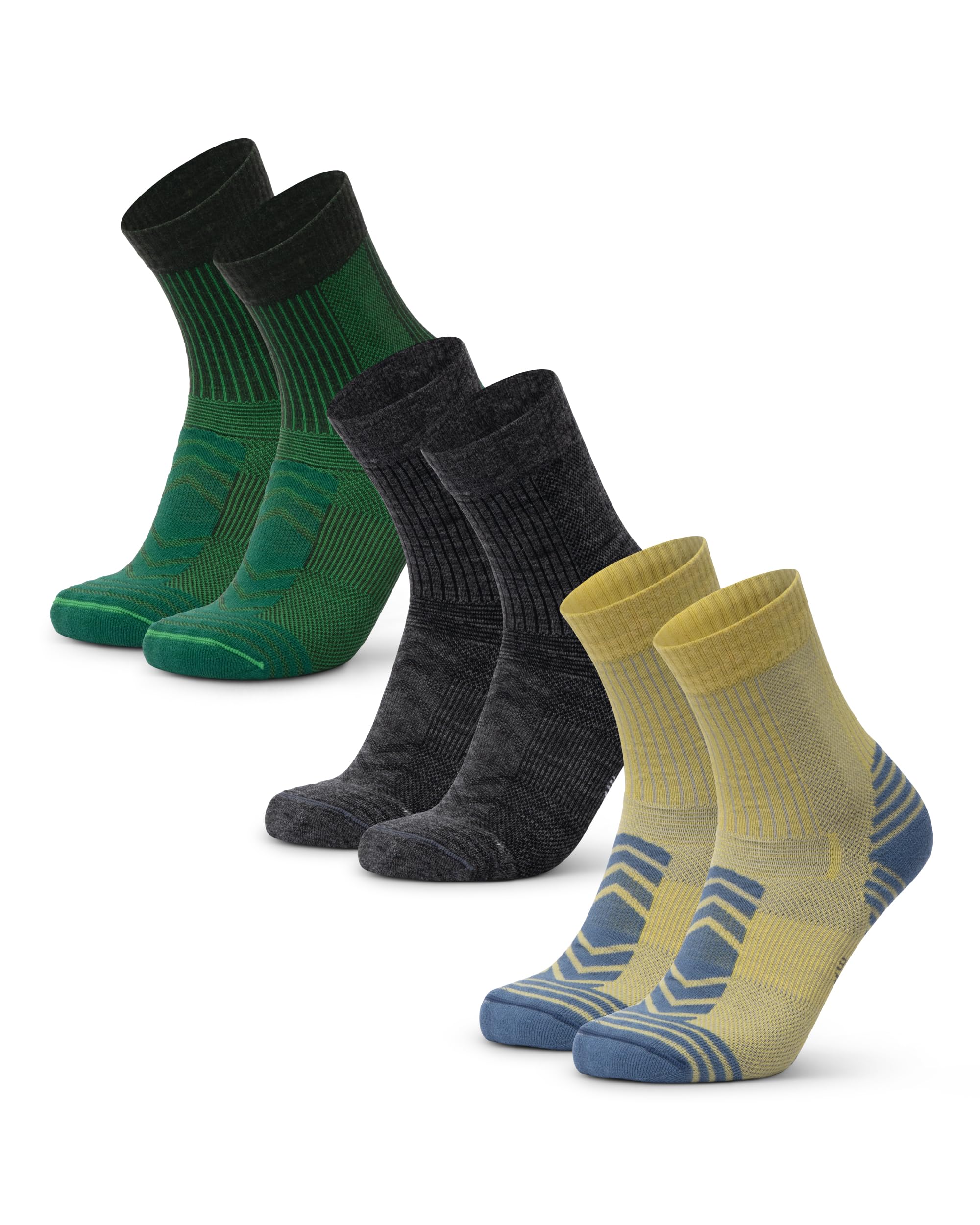 DANISH ENDURANCE Merino Wool Hiking Socks with Light Cushioning, for Men & Women, Unisex, 3 or 5 Pack, Multicolour (1xGreen, 1xDark Grey, 1xYellow), 12-2