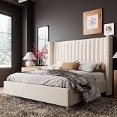 Jocisland King Size Bed Frame Velvet Upholstered Wingback Headboard, Cream | 49.2" Tall Headboard，Soft Vertical Channel Tufted，Noise-Free Sleep，No Box Spring Needed，Easy Assembly 45mins