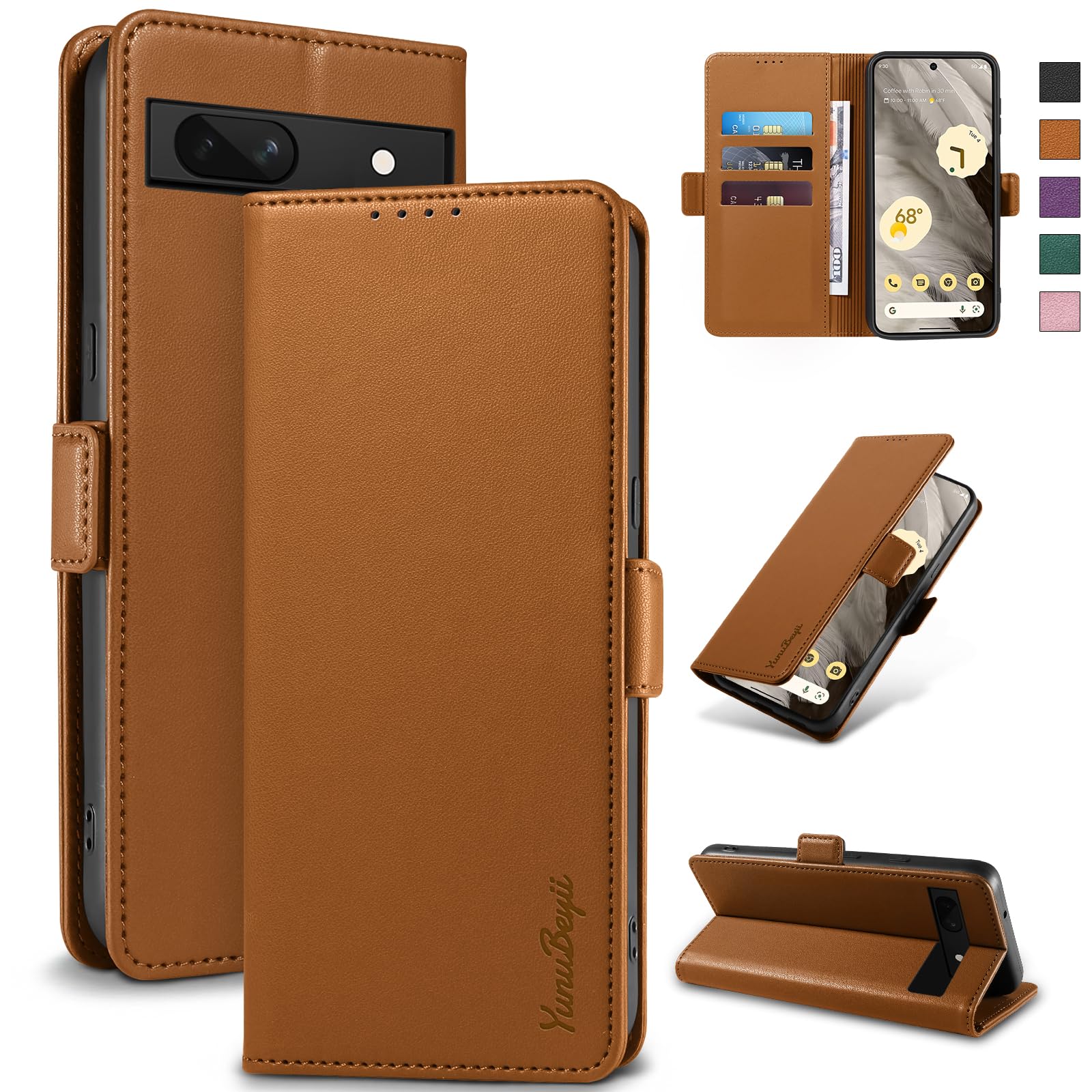 Photo 1 of Yunubeyii Wallet Flip Case for Google Pixel 7A - [RFID Blocking] Luxury PU Leather Card Holder Magnetic Phone Cover with Kickstand,Shockproof Protective Case,Brown