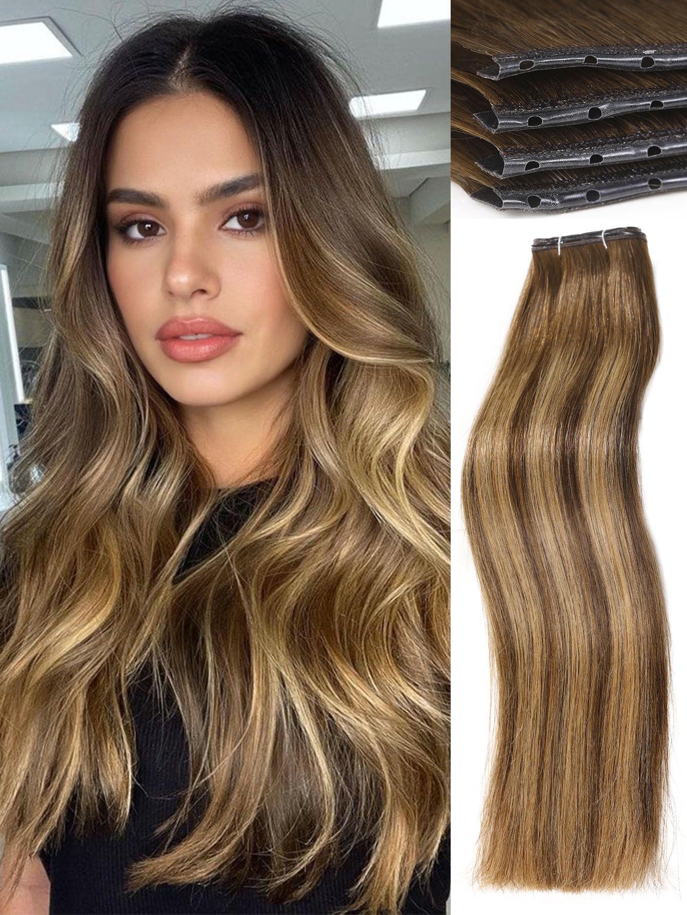 Photo 1 of WIGNEE Double Butterfly Weft Invisible OVO Human Hair Extensions 18 Inch Micro Beads 100% Real Remy Human Hair Extensions T4/27 Highlight Honey Blonde Hair Extensions Real Human Hair for Strong Volume