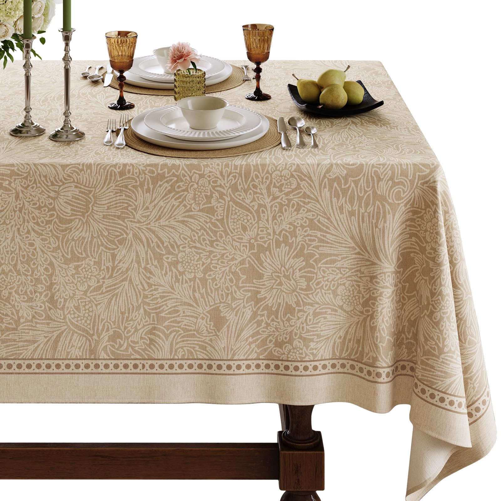 Photo 1 of Dorachic French Linen Tablecloth Rectangular, Vintage Floral Beige Table Cloth, Waterproof Table Cover for Picnic Dining Party Wedding Christmas, Ivory Beige, 63x106''