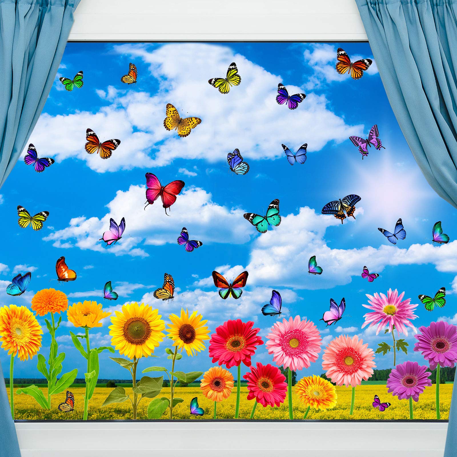 Outus 138 Pieces Spring Window Clings Butterfly Flower Window Stickers Anti-Collision Window Clings Decals Spring Static Clings for Window Glass Decoration Spring Party Baby Shower Birthday Supplies