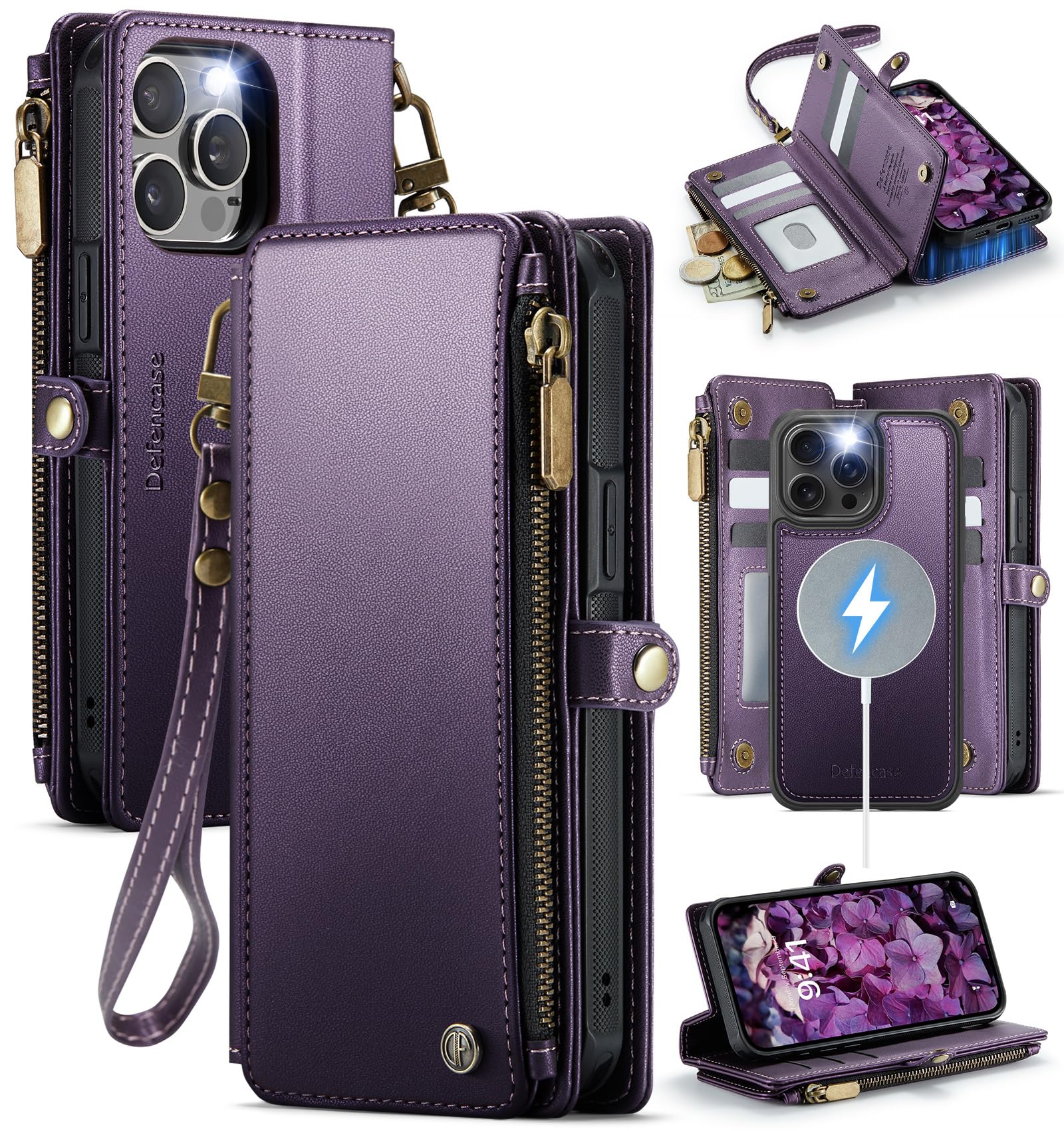 Photo 1 of Defencase for iPhone 12 Pro Max Magnetic Wallet Case Compatible with Magsafe with RFID Blocking Zipper Strap Card Holder for Women Men, PU Leather Detachable Case for iPhone 12 Pro Max (6.7"), Purple