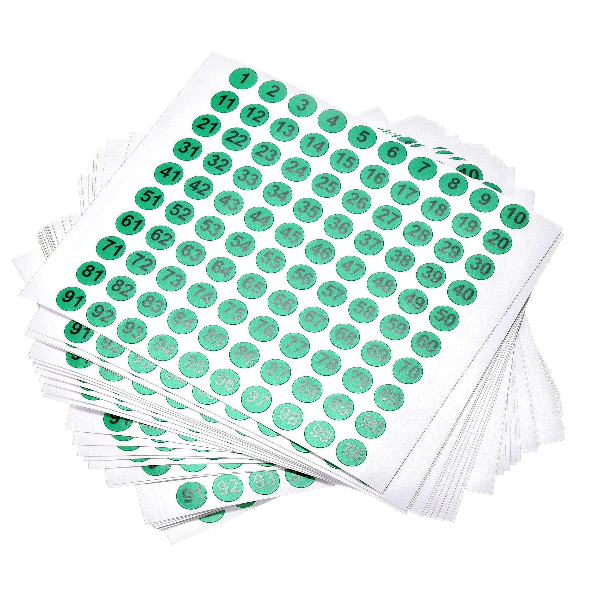 sourcing map Round Number Stickers, 10mm Dia Number 1-100 Coated Paper Label 30 Sheets, Black Word/Green Background