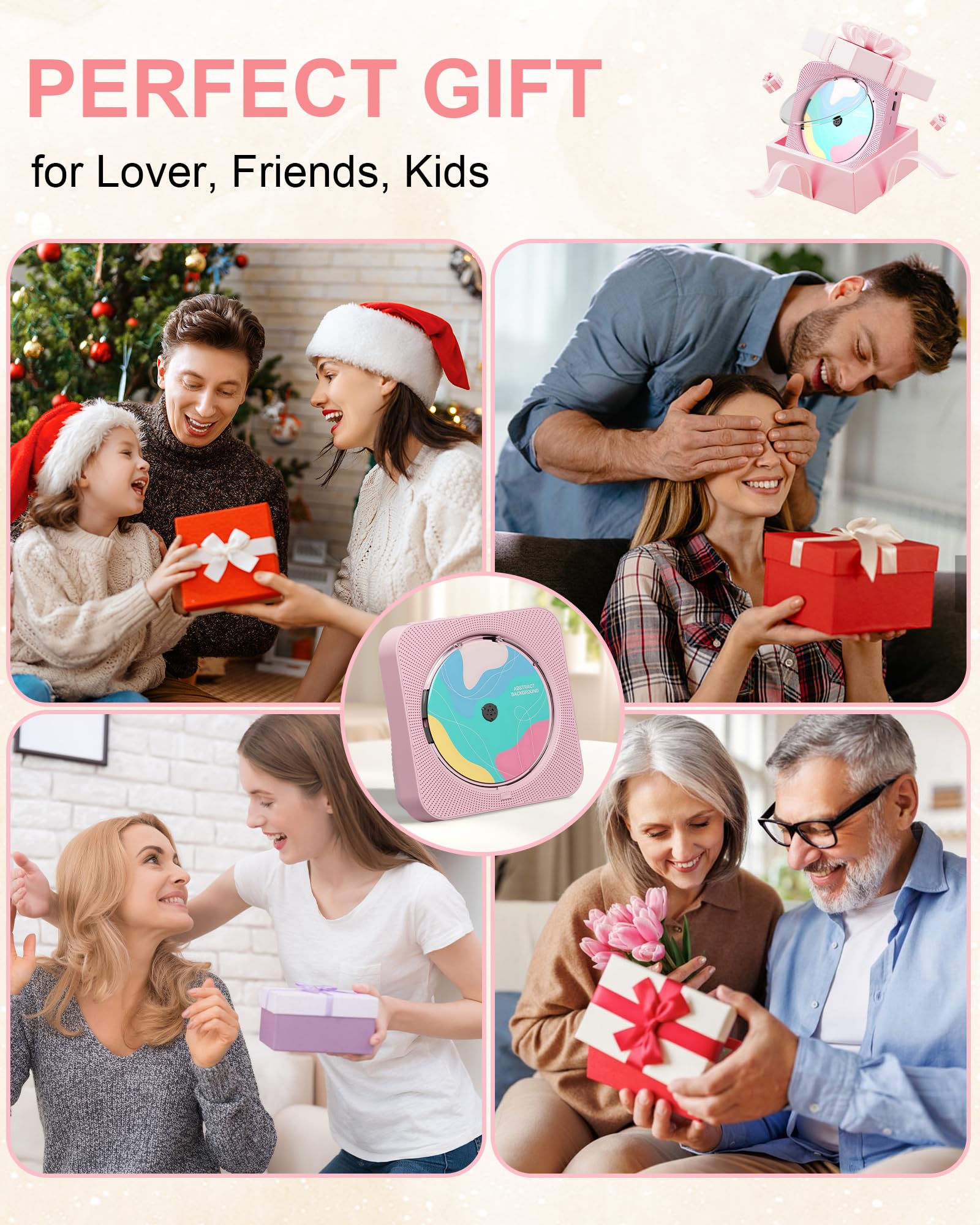 CD Player Portable with Bluetooth 5.1Desktop CD Player with HiFi Sound Speakers,Remote Control,Dust Cover,LED Display,Boombox FM Radio,USB/AUX for Home (Pink)