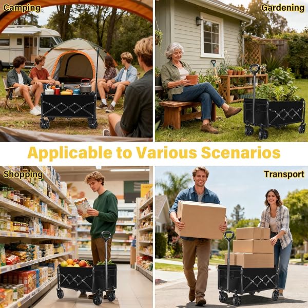 FOLDABLE COLLAPSIBLE WAGONS CARTS WITH WHEELS — FOLDING UTILITY WAGON CART PORTABLE & EASY TO STORE FOR GROCERIES,APARTMENT MOVING,SPORTS & GARDEN|COLLAPSIBLE WAGON FOR YARD WORK&SHOPPING,GRAPHITE