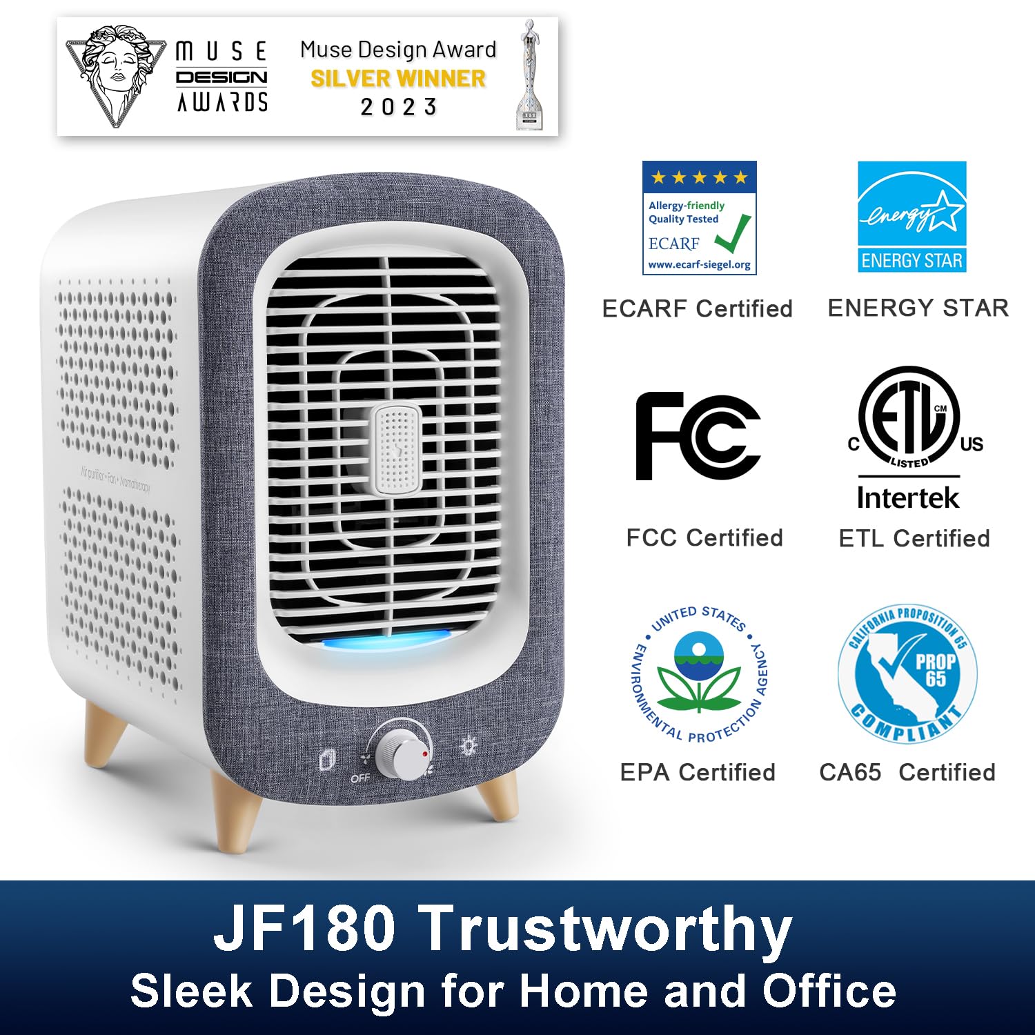 Jafanda Air Purifier for Home Bedroom 780sq ft, HEPA & Activated Carbon, Air Cleaner with Fragrance Sponge & Nightlight for Smoke, Allergies, Dust, Odor, VOC, Pet Dander, Pollen, Office, Desktop,Grey