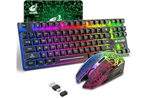 ZIYOU LANG Wireless Gaming Keyboard and Mouse Combo with 87 Key Rainbow LED Backlight Rechargeable 3800mAh Battery Mechanical Feel Anti-ghosting Ergonomic Waterproof RGB Mute Mice for Computer PC Gamer (Black)