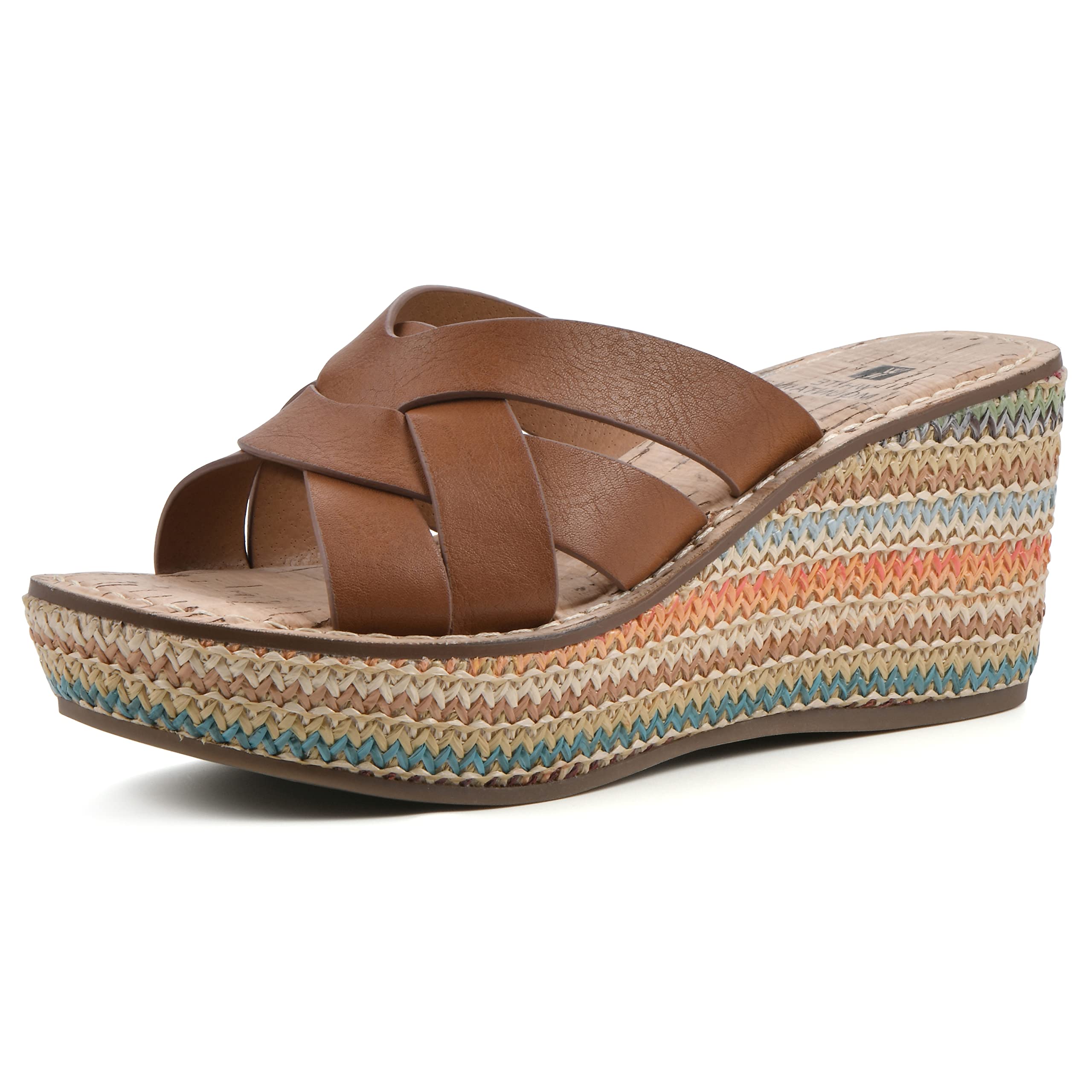 WHITE MOUNTAIN Women’s Samwell Platform Wedge Sandal, Dk.Tan/Smooth W/Multi Raffia, 7 M