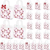 Tinlade 24 Sets Valentines Conversation Heart Gift Bag Valentine Clear Plastic Bag with Handles Candy Bows PVC Treat Goodie Transparent Bags for Galentines Day Birthday Party Supplies