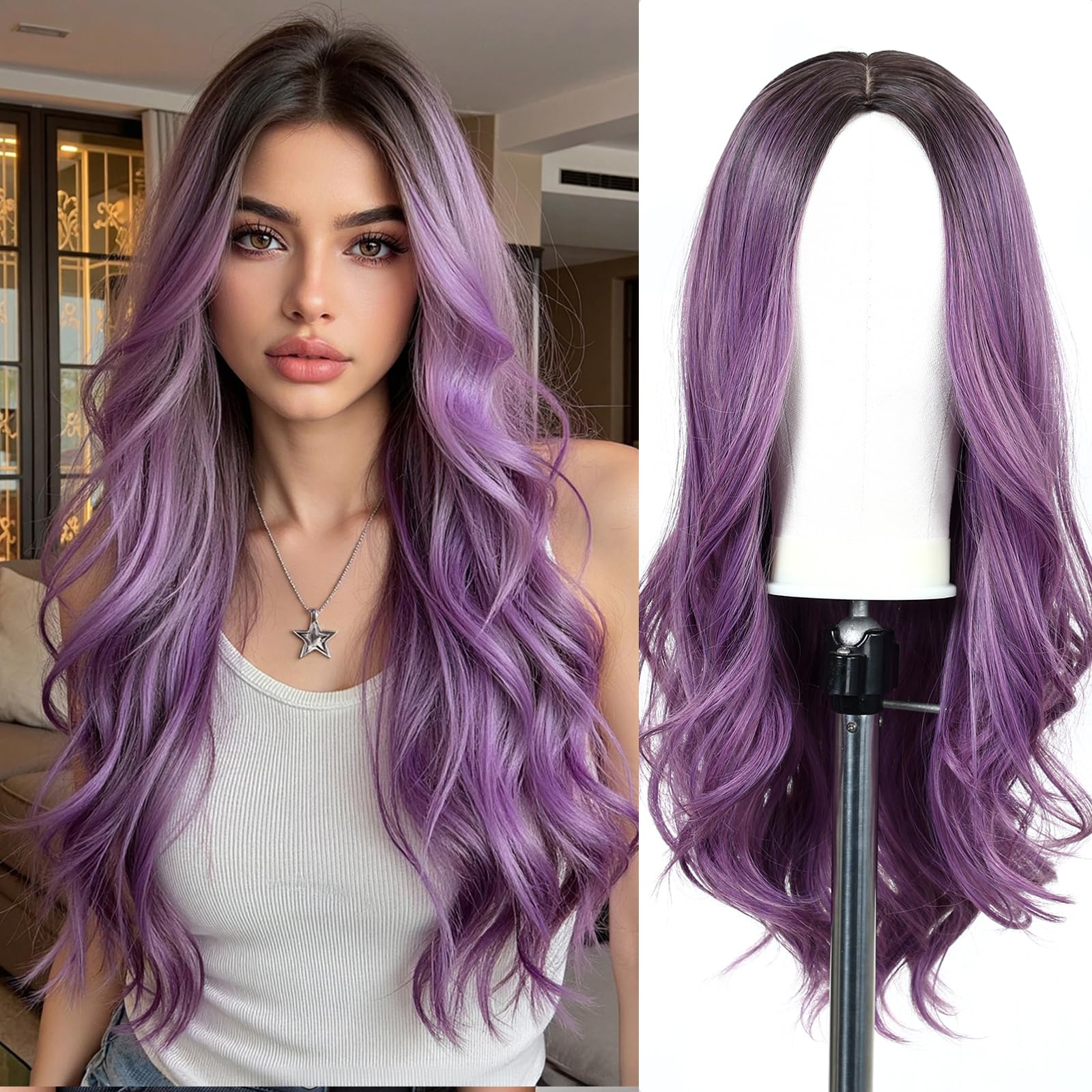 Esmee Long Wavy Ombre Purple Wig for Women Natural Synthetic Hair Heat Resistant Wigs for Daily Party Cosplay-24 Inches — image 1