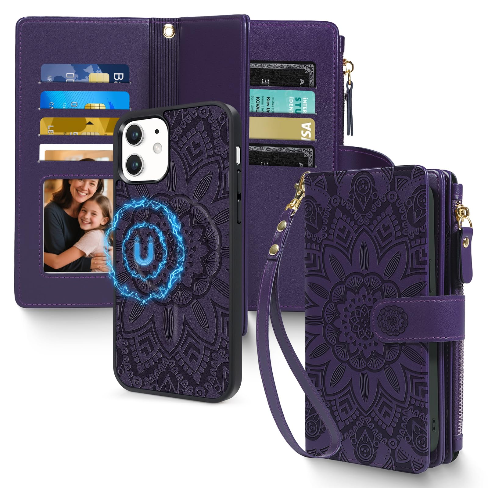 Photo 1 of 2 in 1 for iPhone 11 Pro Max Wallet Case Magnetic Compatible with Magsafe RFID Blocking Card Holder Detachable Phone Cover Zipper Purse Kickstand Wrist Strap for Men Women 6.5" 2019 Floral Purple