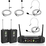 Pyle 2 Channel Wireless Microphone System - Portable UHF Digital Audio Mic Set with 2 Headset, 2 Lavalier lapel, 2 Transmitte