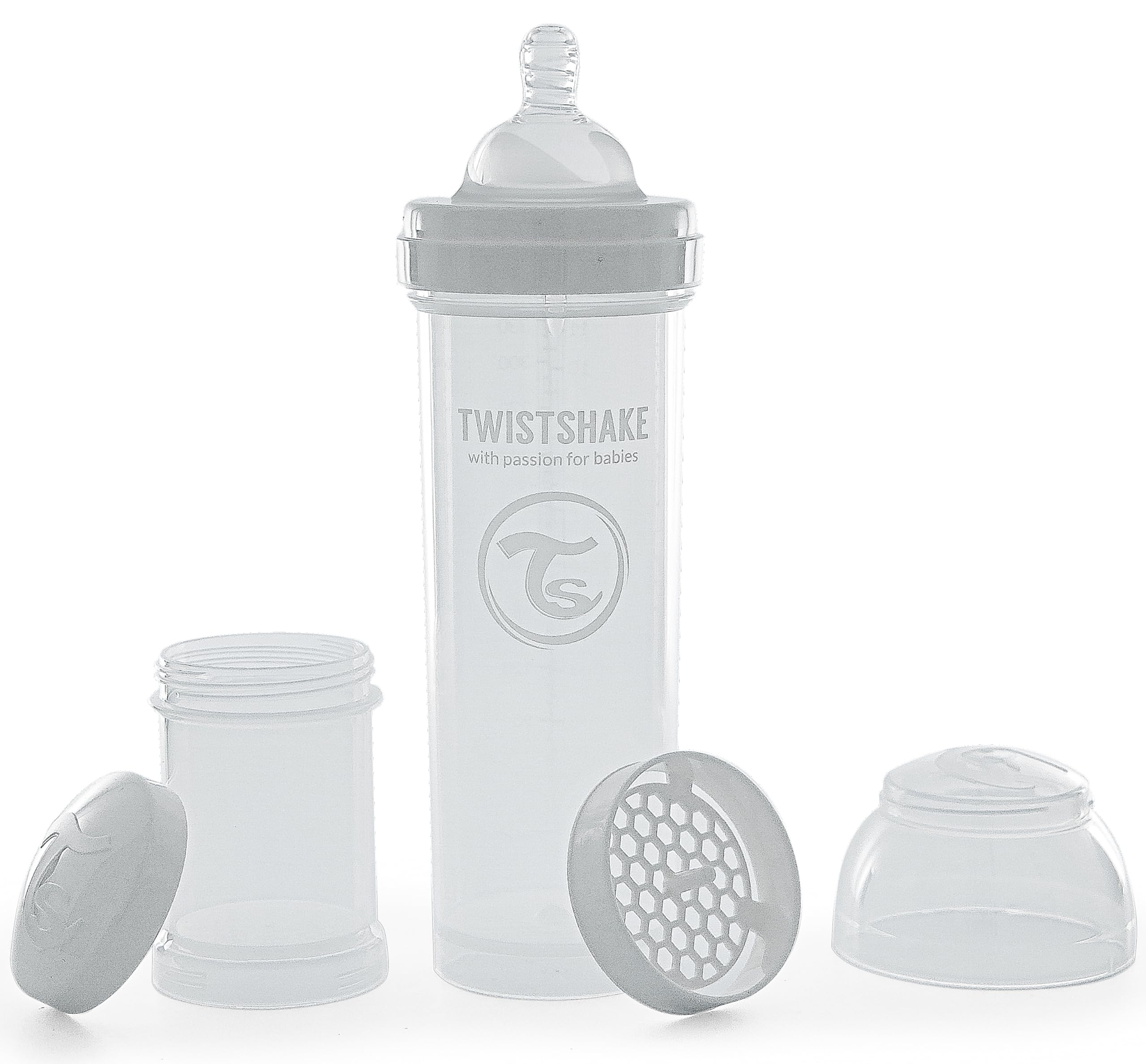 Twistshake Anti-Colic Baby Bottle with Milk Powder Container and Mixer - 330ml | Fast Flow Silicone Breast-Like Nipple | BPA- Free Baby Milk Bottle | Suitable for 4+ Month Babies | White
