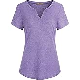 Miusey Women V Neck Short Sleeve Casual Curved Hem Henley Blouse