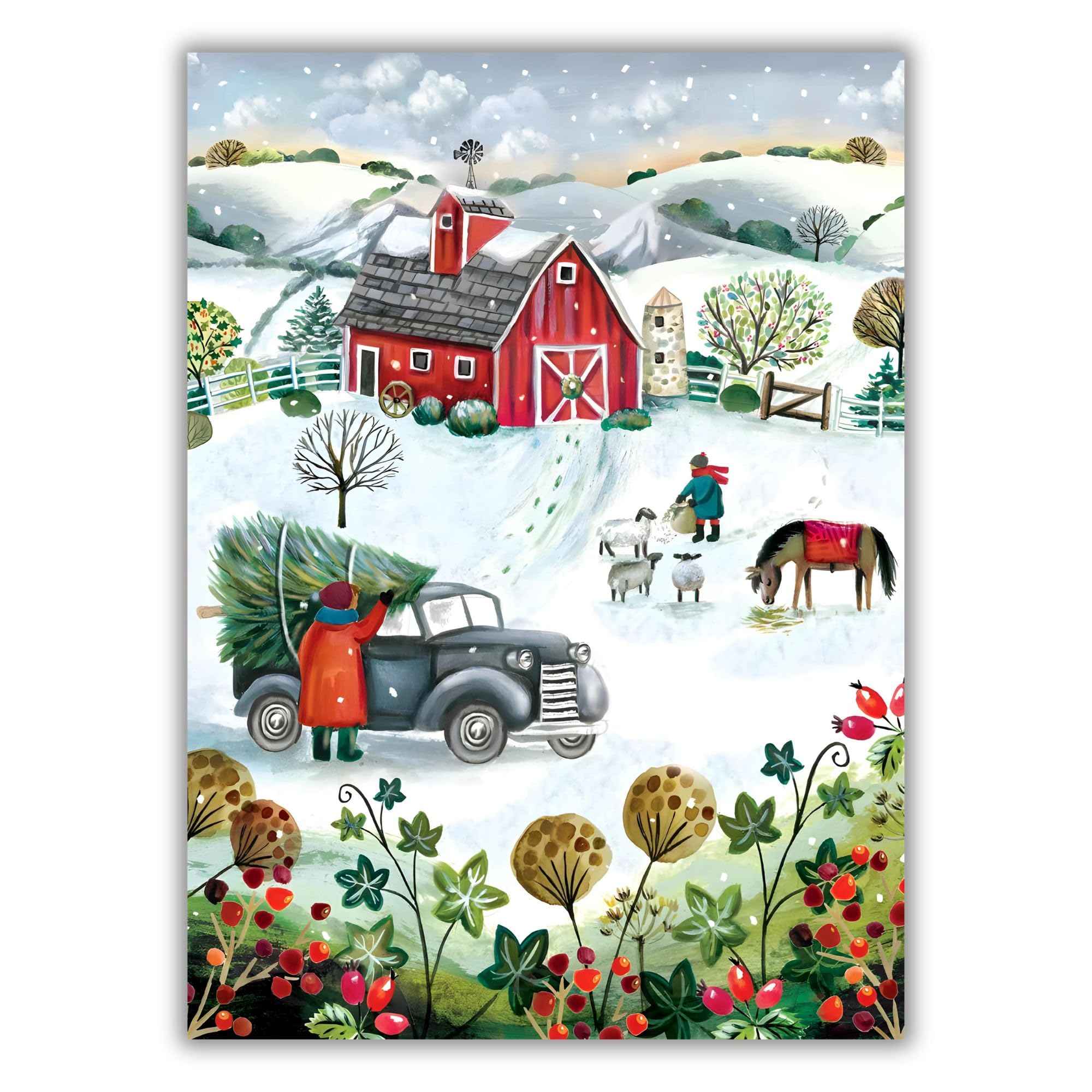 Christmas Cards Pack of 8 - Artistic Countryside Scene - Winter on the Farm - Festive Design by Deva Evans - Made in the UK - Eco-Friendly