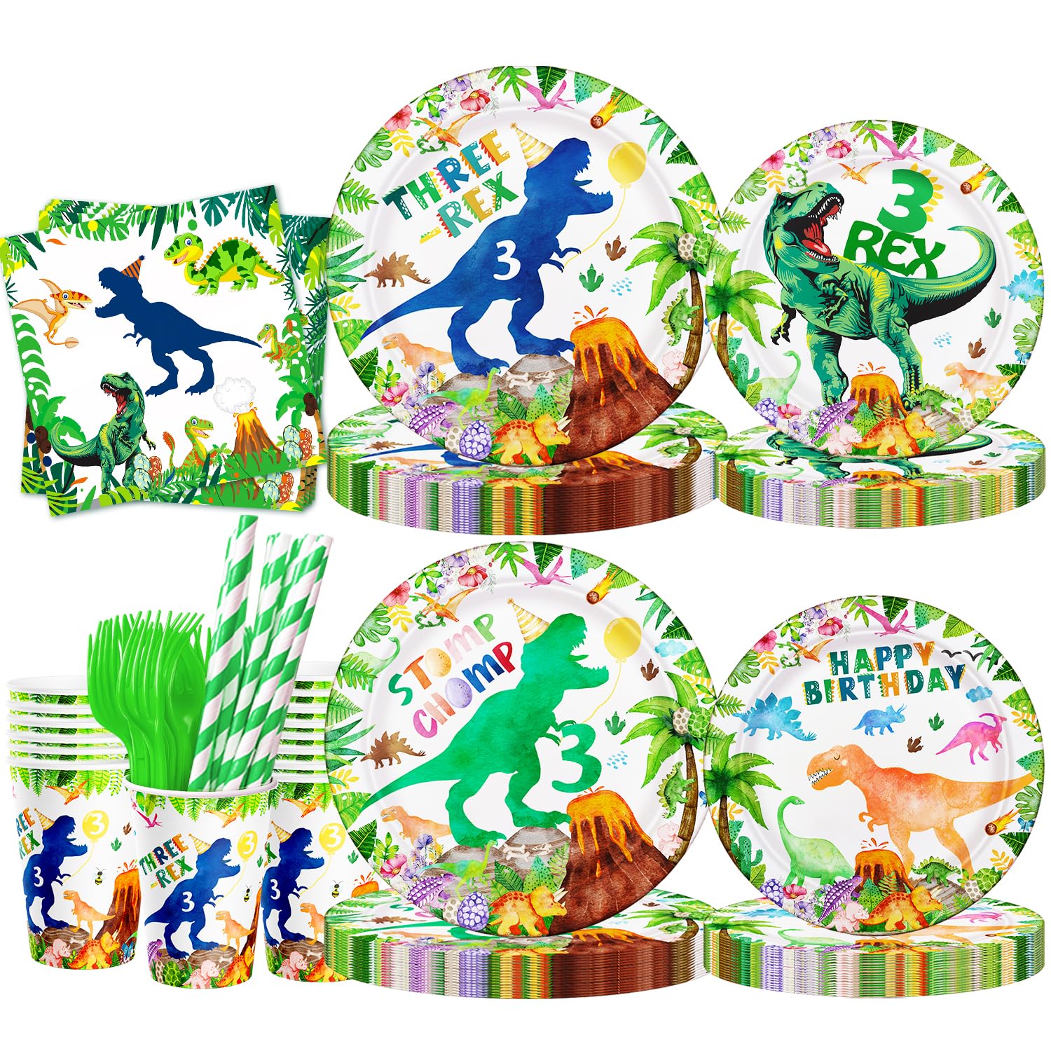Photo 1 of 120ps Three Rex Birthday Decorations Boy Jungle T-rex 3 Rex Dino Dinosaur 3rd Bday Plates Napkins and Cups forks Dino Party Supplies Decor for 3 years old Boy Serve 24 (green three rex)
