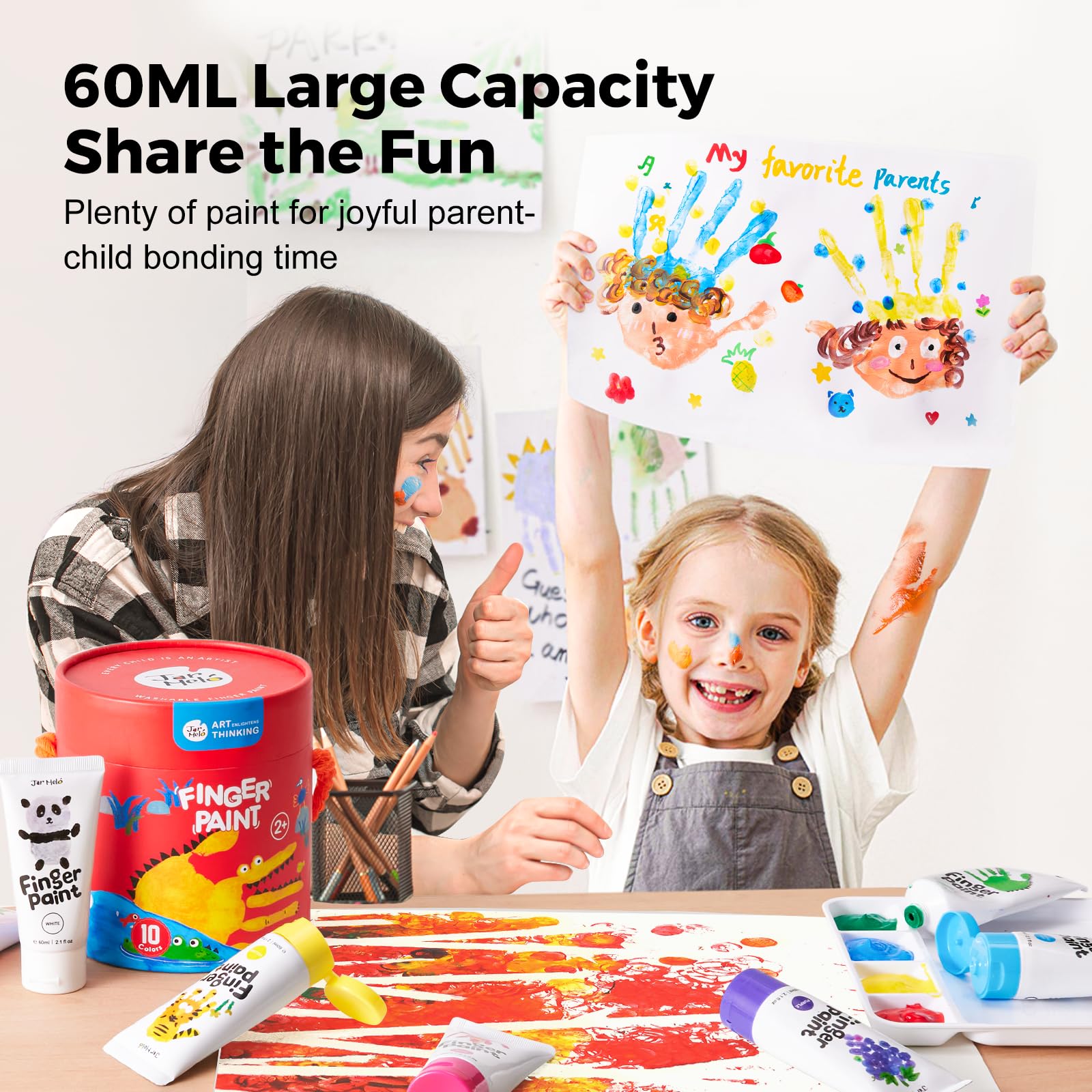 Jar Melo Washable Finger Paints for Toddlers, 10 Colors Large Capacity (2.1fl oz), Non Toxic Baby Paint for Hand and Feet, Safe Art Supplies, Preschool Learning Gifts for Kids Age 2+