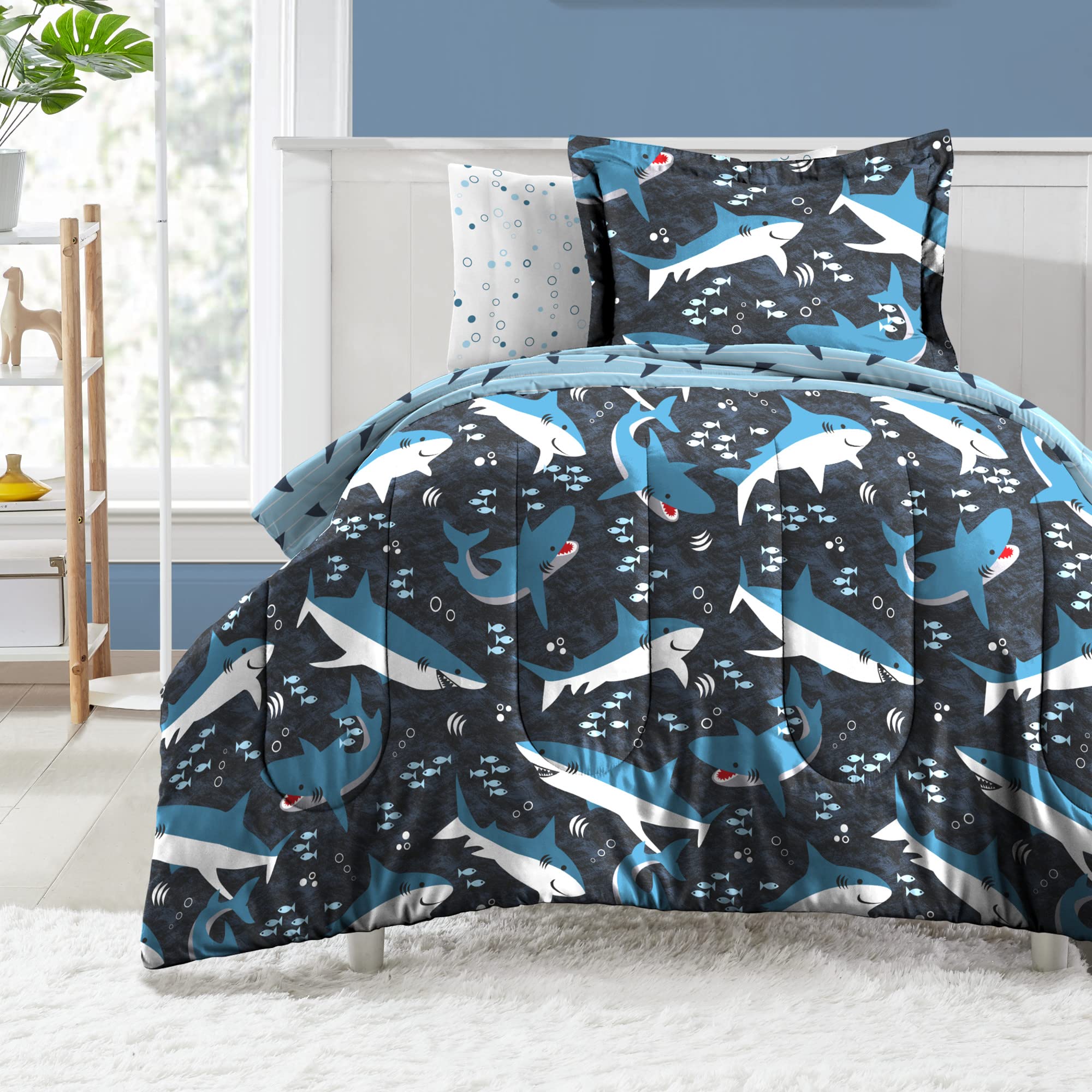 Photo 1 of dream FACTORY Kids 5-Piece Complete Set Easy-Wash Super Soft Microfiber Comforter Bedding, Twin, Blue Sharks