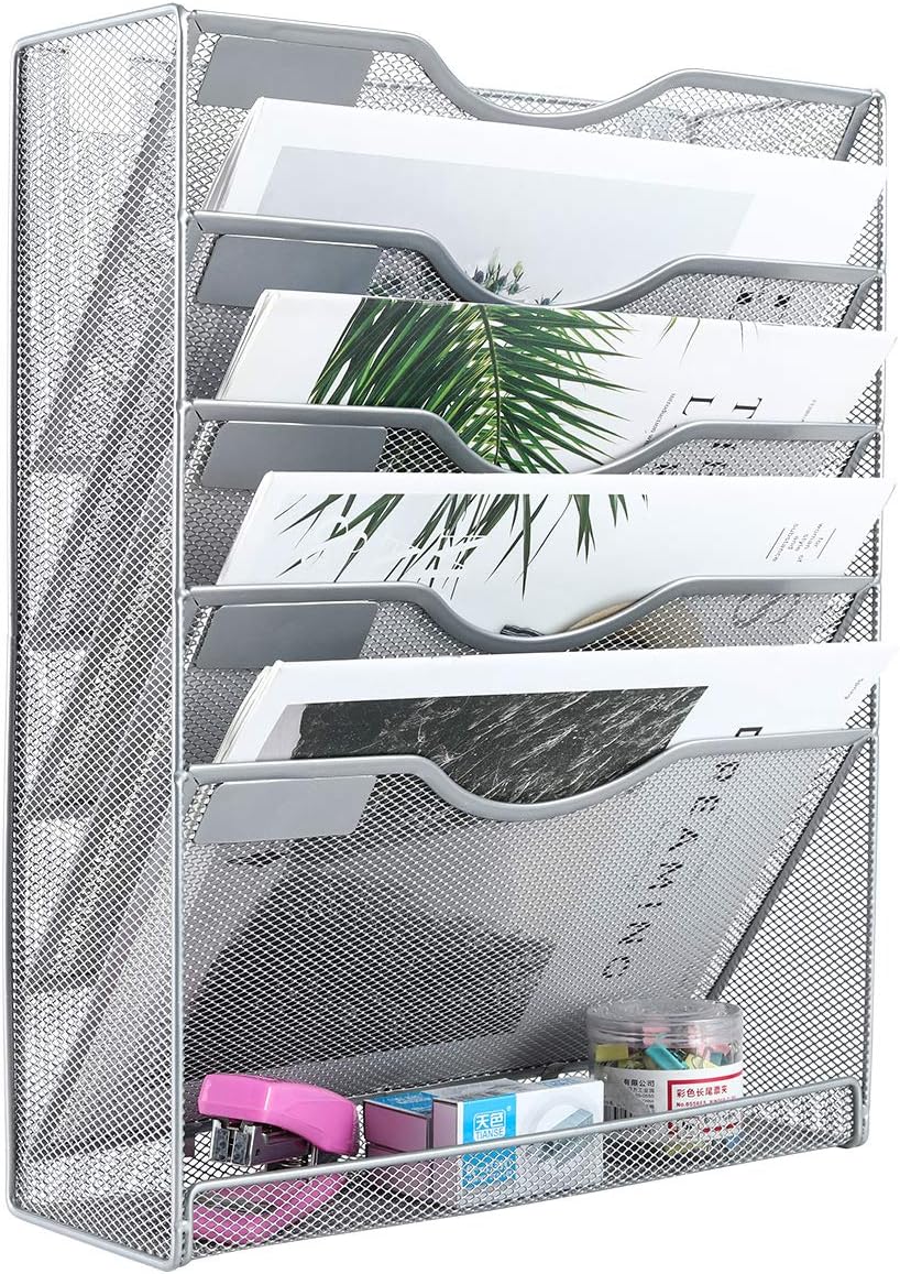 EasyPAG Mesh Wall File Holder 5 Tier Vertical Mount Hanging Organizer with Bottom Flat Tray, Silver : Office Products