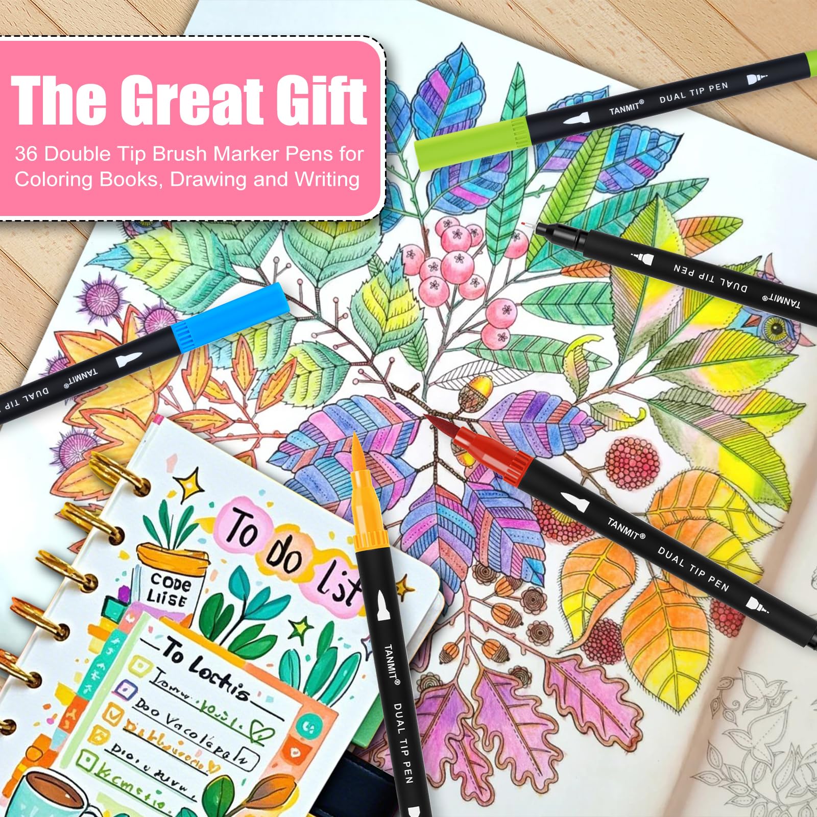 TANMIT 36 Colors Dual Brush Marker Pens for Adult Coloring Books, Fine & Brush Tip Art Markers with Colored Cap, Aesthetic Cute Art Suppliers for Journaling Drawing Craft