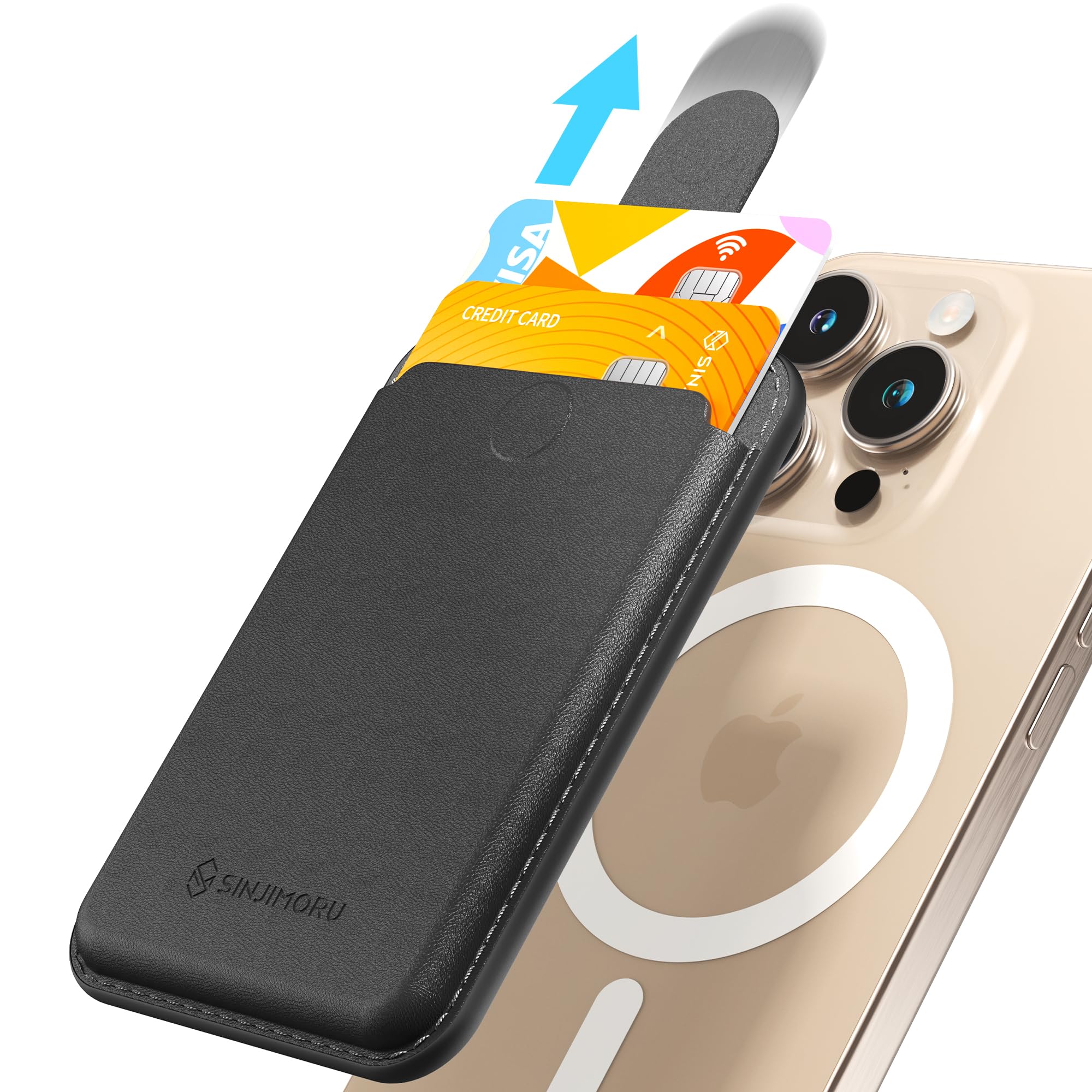 Sinjimoru Pull & Eject Magnetic Wallet for iPhone, Vegan Leather Magnetic Card Holder, Compatible with MagSafe Wallet, M-Pull Tab Wallet Black