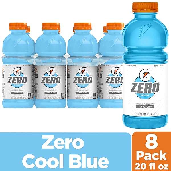 GATORADE THIRST QUENCHER ZERO SUGAR SPORTS DRINK, COOL BLUE, 20OZ BOTTLES, 8 PACK, ELECTROLYTES FOR REHYDRATION