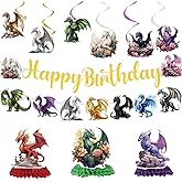 InIsajace Dragon Birthday Party Decorations - 11PCS Dragon Theme Birthday Decoration Glitter Banner with Hanging Swirls Magical Party Supplies Honeycomb Centerpieces Decor