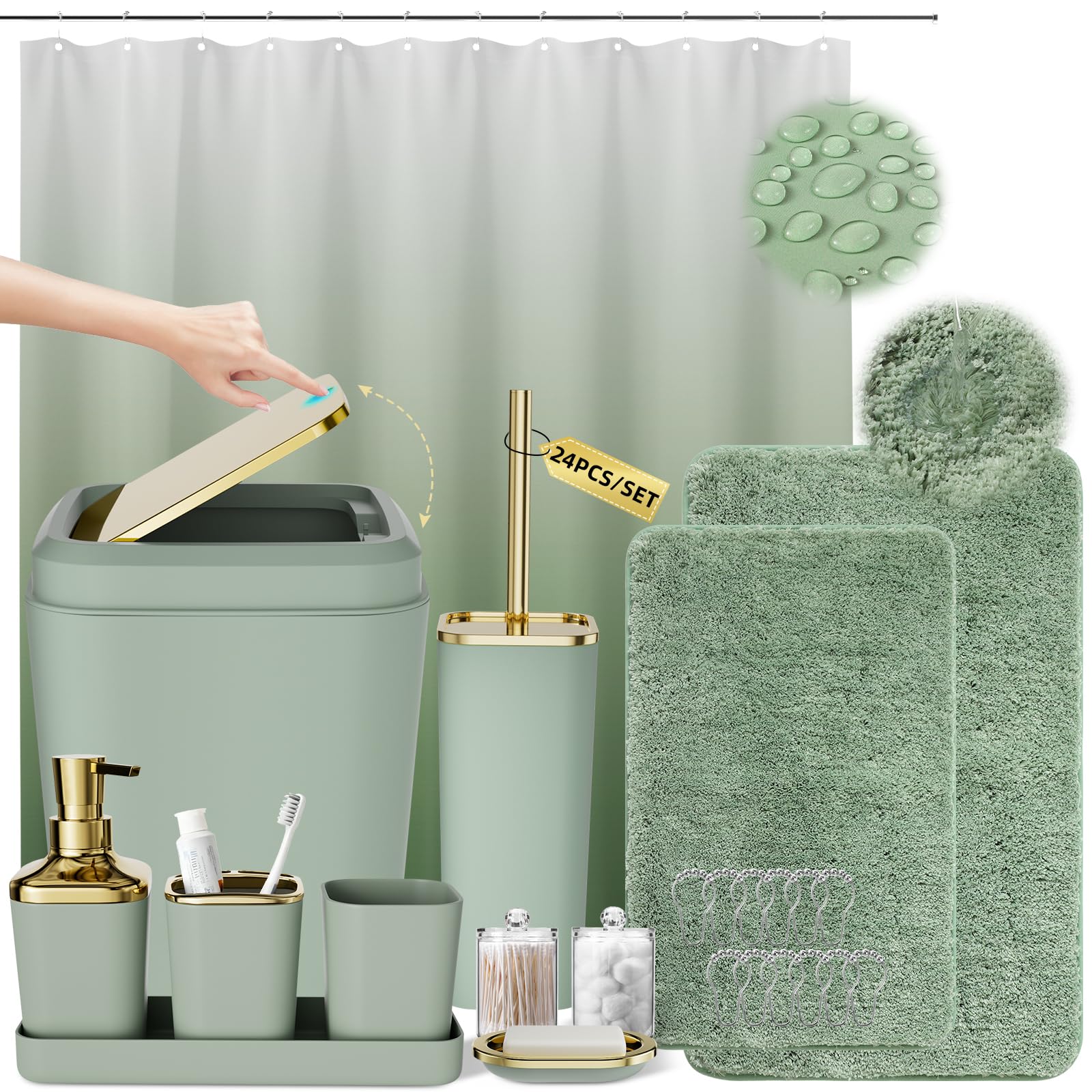 XLHOMO Sage Green Bathroom Set - 24PC Bathroom Sets with Shower Curtain and Rugs, Sage Green Bathroom Accessories Set with Press-on Lid Bathroom Trash Can, Soap Dispenser