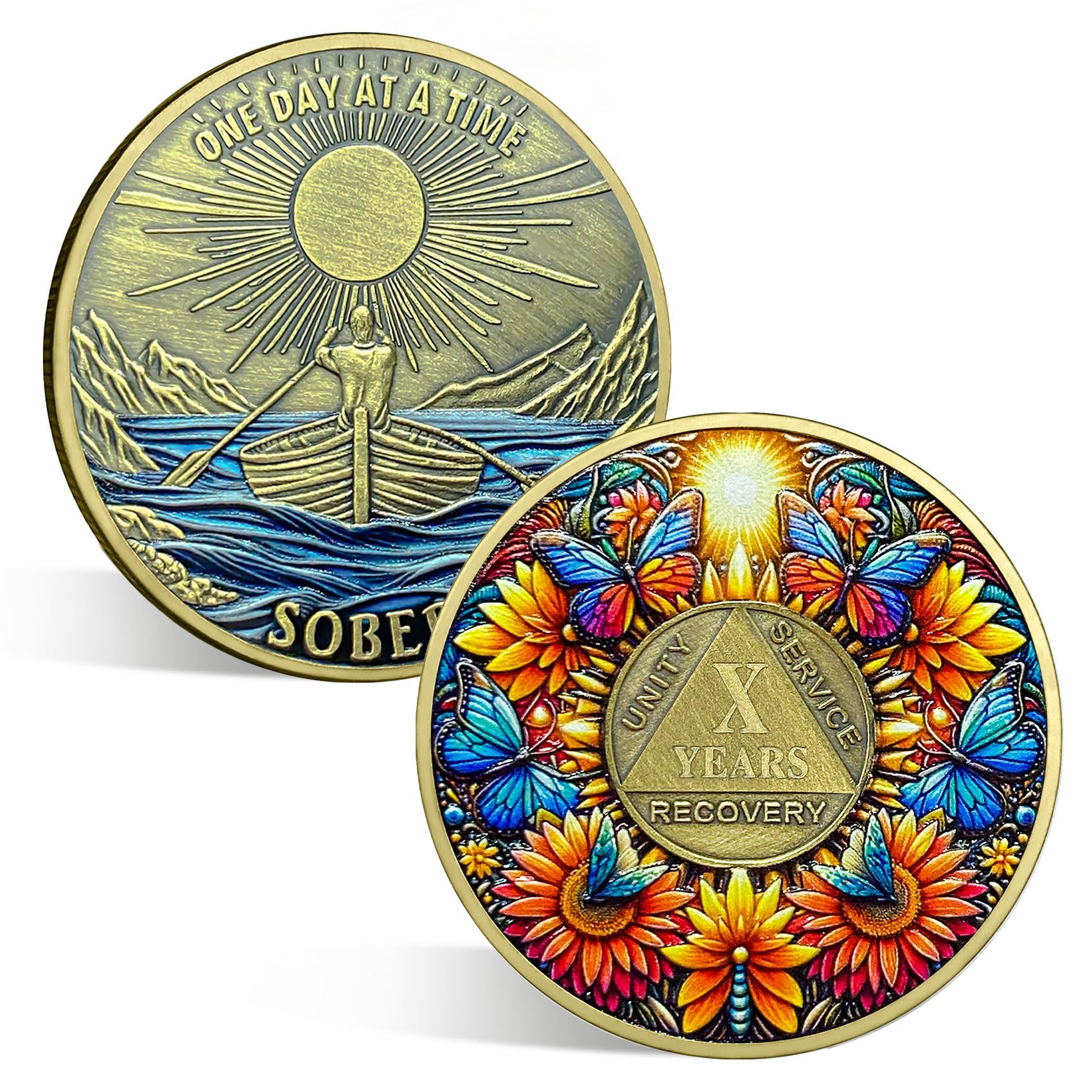 ACGZQY Sobriety Coin, 10 Year Sunflower Butterfly Sobriety Chip AA Coin and Medallions One Day at A Time Sober Token Narcotics Alcoholics Anonymous Recovery Gifts