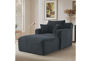 IHDKO Oversized Chaise Lounge Chair Indoor, Modern Corduroy Lounge Couch, Comfy Upholstered Sleeper Sofa with Throw Pillows, Fluffy Reading Chair Bed for Living Room, Grey