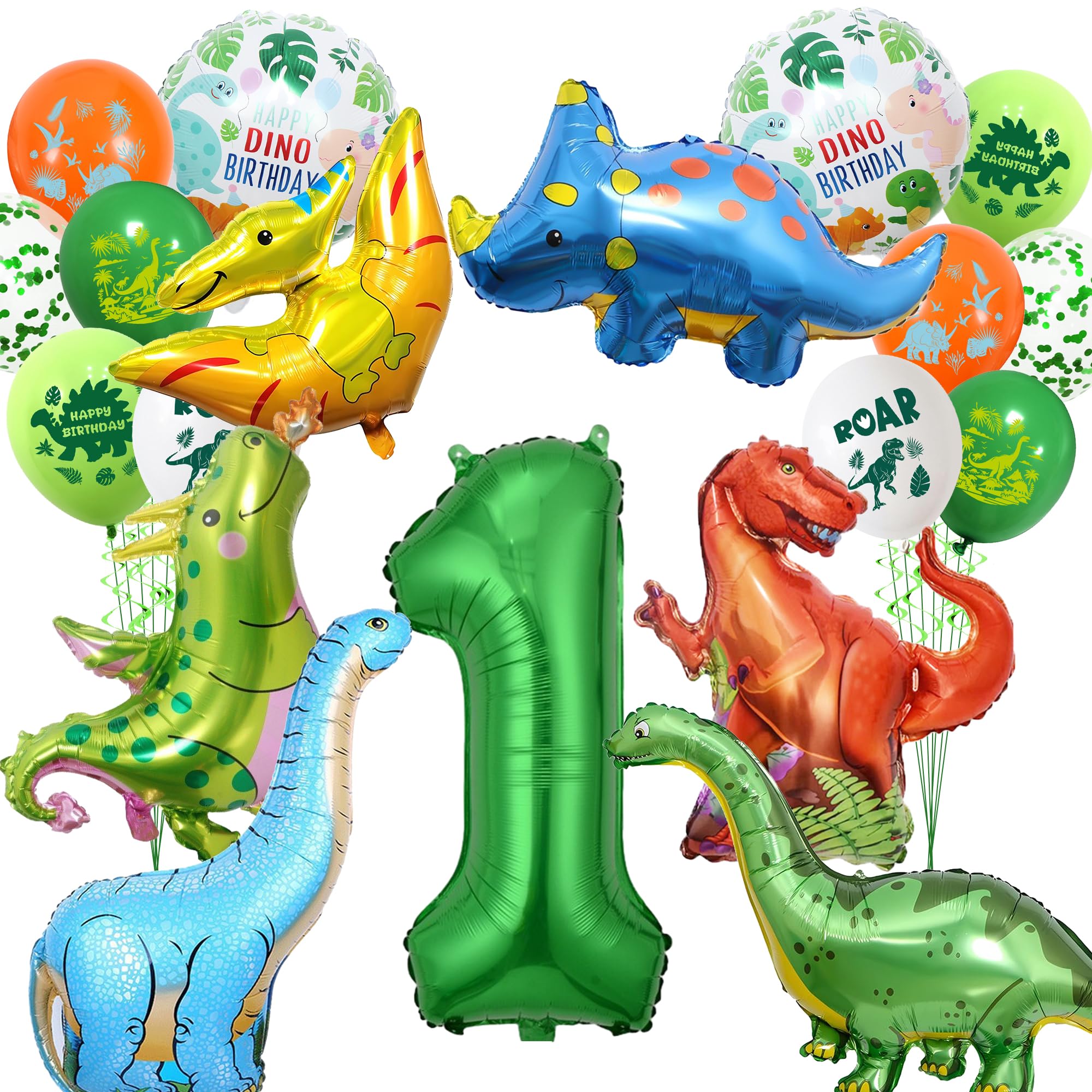 Dinosaur 1st Birthday Decorations Balloons - Dino Party Supplies Set with Green Letter Giant Number Foil Balloon, Jungle Theme Latex Balloons for 1 Year Old Kids Birthday Party