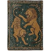 coedoaes Lion and Tiger Battle Fleece Blanket,50x60in,Vintage Golden Jungle Style Celestial Accent Deep Green Throw Blankets,Soft Cozy Lightweight, Ideal for Bed Living Room Home Cool Decor,Gifts
