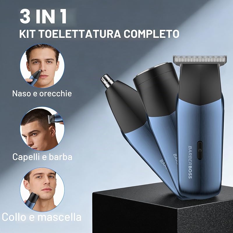 Rasoio elettrico da uomo 3 in 1, kit da viaggio per uomo, rasoio per barba e capelli, trimmer naso e orecchie, mini testina di rasoio, toelettatura maschile (Blu Navy Metallizzato)