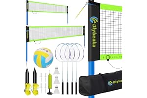 OLYBEAKA Portable Volleyball & Badminton Combo Net Set for Backyard Beach with 2 Nets (20ft and 32ft), Adjustable Poles, PU Volleyball, Aluminum Rackets and Carry Bag, Quick Setup & Durable
