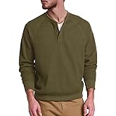 QIVICIMA Raglan Long Sleeve Waffle Henley Shirts for Men Textured Cotton Pullover Knit Tee with Button Neckline