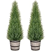 VIVATREES 3FT Artificial Cedar Topiary Trees with Rustic Barrel Planter, Outdoor Indoor Realistic Faux Pine Shrubs Plants, Fake Cypress Trees for Home Offices Porch Decor, Set of 2