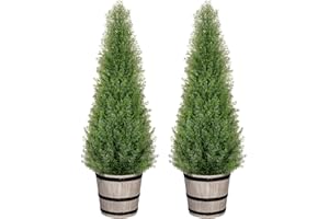 VIVATREES 3FT Artificial Cedar Topiary Trees with Rustic Barrel Planter, Outdoor Indoor Realistic Faux Pine Shrubs Plants, Fake Cypress Trees for Home Offices Porch Decor, Set of 2