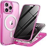TIESZEN for iPhone 15 Pro Max Case, Compatible with MagSafe, Built-in Privacy Screen Protector and Camera Protection, Anti Spy Full Body Dustproof Shockproof Hard Phone Case 6.7",Bright Pink
