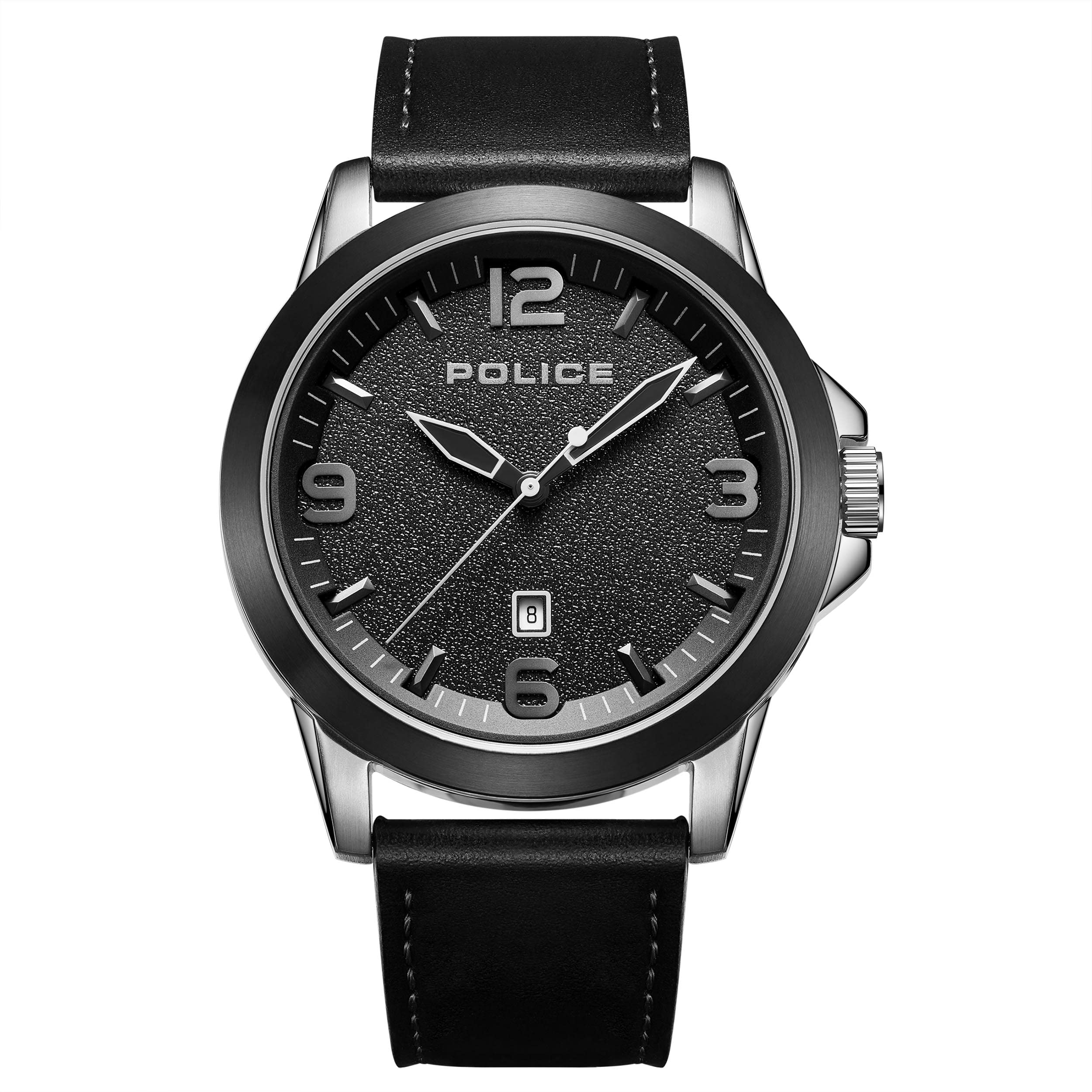 Police Cliff Mens Watch with Matte Black Sandblast Dial and Black Leather Strap, 47mm Stainless Steel Case in Branded Watch Box PEWJB2194540-2 Year Warranty