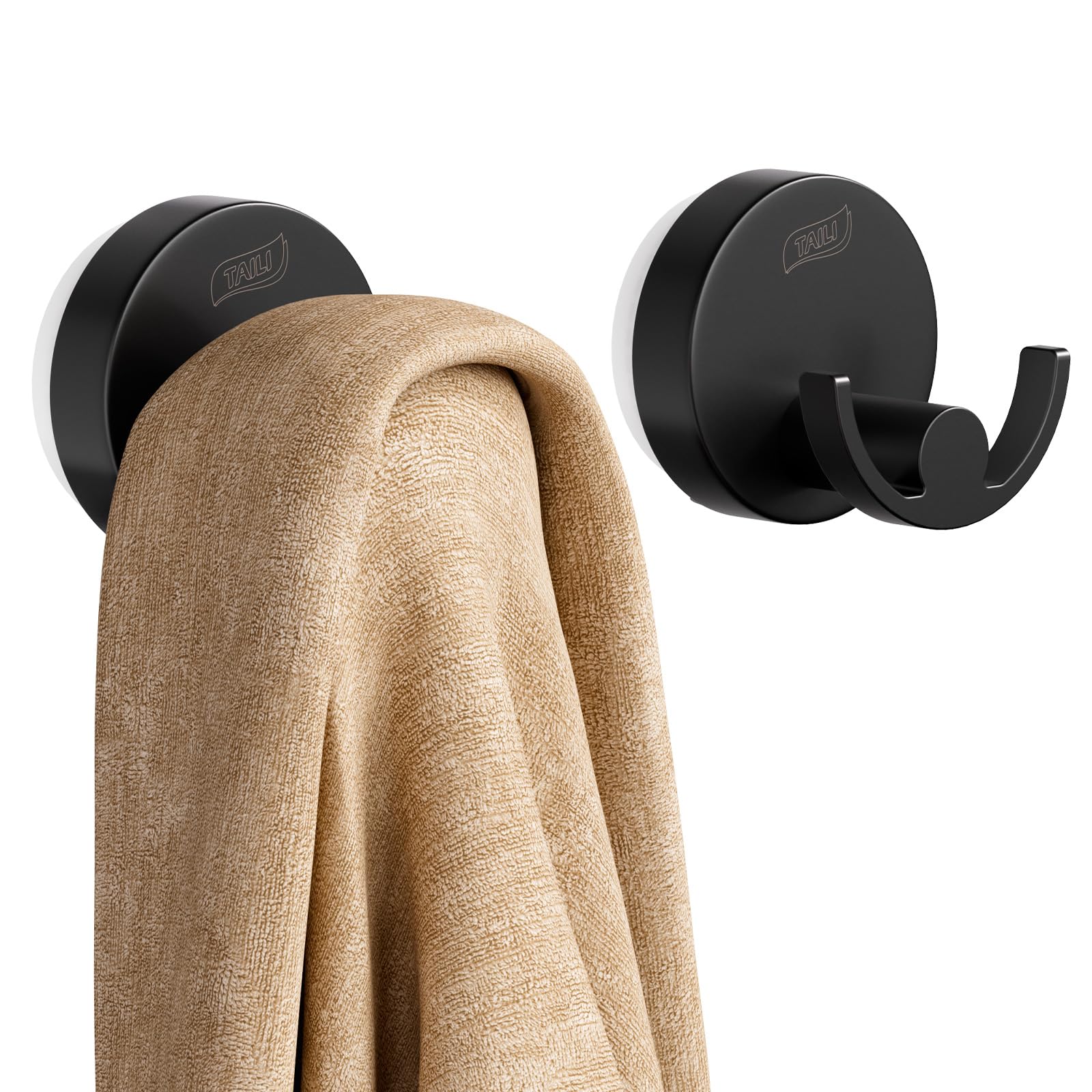 Photo 1 of TAILI Stylish 304 Stainless Steel Bathroom Suction Hooks for Towel, Bathrobe, Loofah, No Damage Hanging Glass Shower Wall Hook, Patented Strong Suction Cup Holder, Hold Up to 11 Lbs, U-Cylinder Black