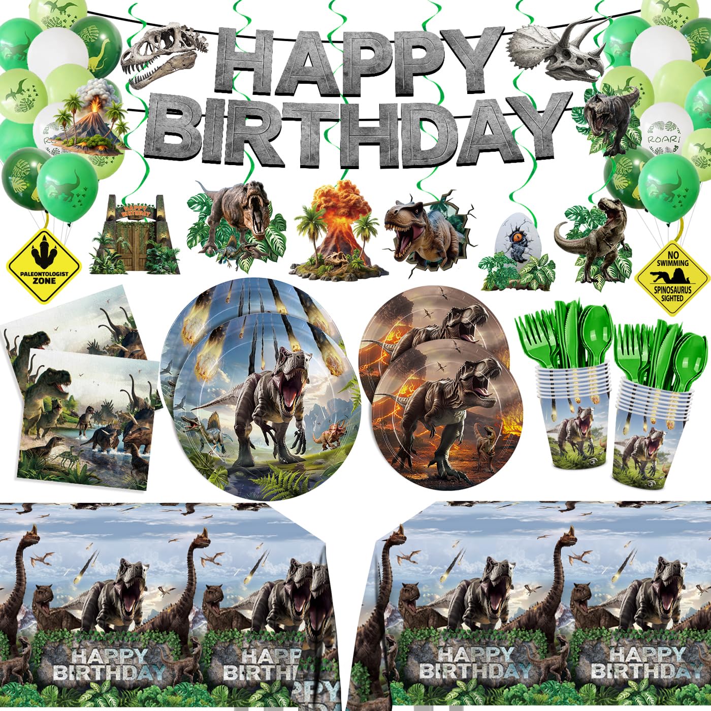 Photo 1 of ?207pcs Dinosaur Party Decorations Plates Napkins Dino World Birthday Supplies Tableware Set Include Plates, Napkins, Cups, Cutlery, Balloon, Banner, Hanging Swirl, Tablecloth for Party Decor Serve 24