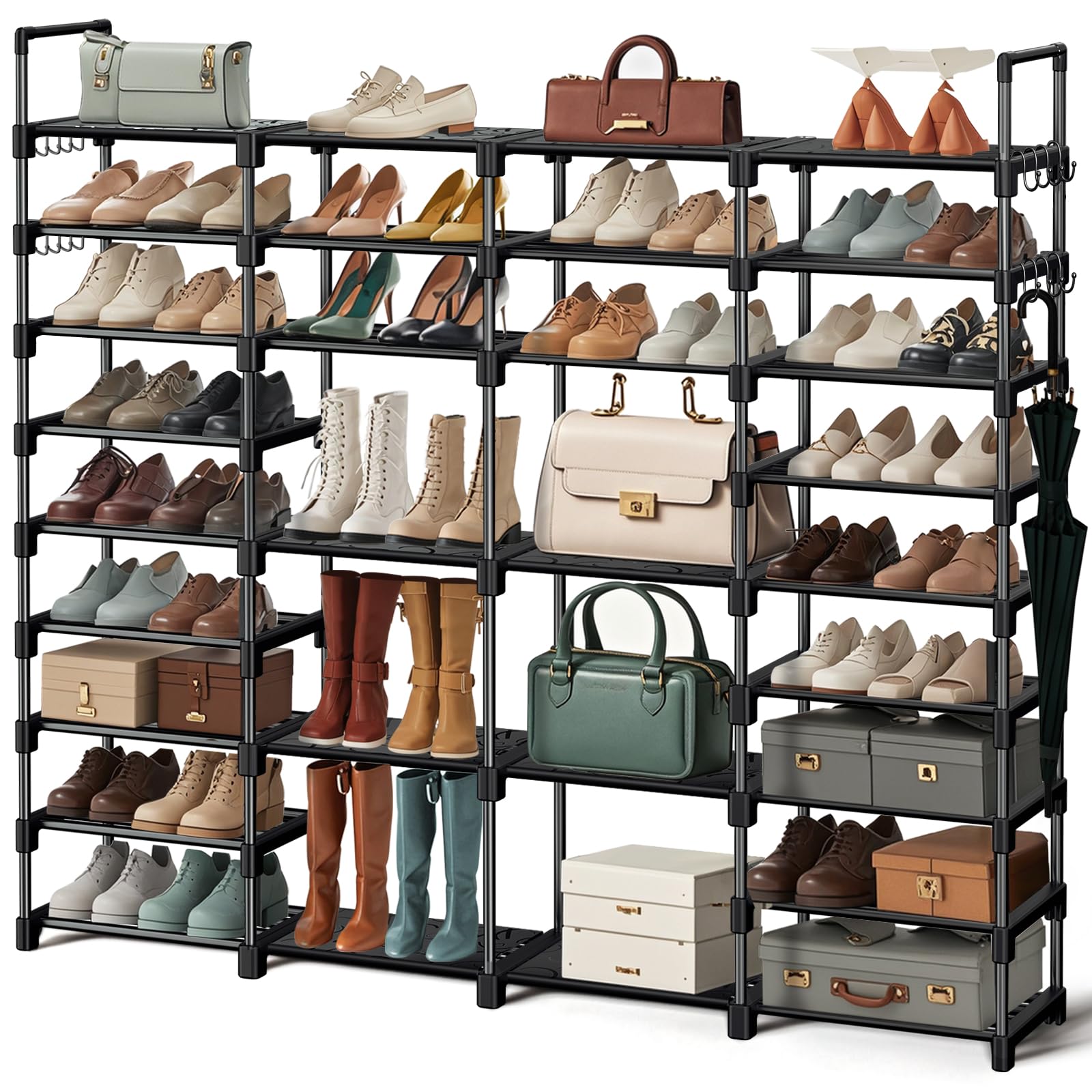 Photo 1 of VOFirst 9 Tier Shoe Rack Storage Organizer Stand Shelf Cabinet, Large Shoe Rack Shelf Storage for 64-68 Pairs Freestanding Stand Cabinet with 18 Pcs Removable Side Hooks for Closet Entryway