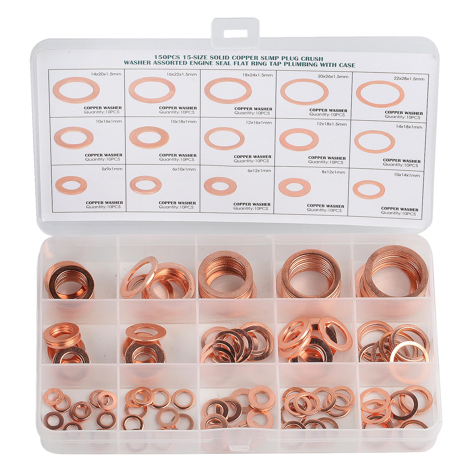 150 Pcs Copper Washers Assorted, Flat Washers Kit, 15 Sizes Sealing Ring Assortment Set, Plain with Storage Box(M5 M6 M8 M10 M12 M14 M16 M18 M20 M22