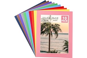 HOTUO 10 Pack Acid Free Colorful Picture Frame Mats, Pre-Cut 11x14 Picture Mats with Ivory Core Bevel Cut for 9x12 Photo, Sig