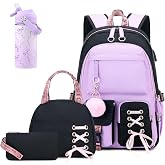 ACESAK 4PCS Teen Girls Backpack with 14OZ Water Bottle Set,Black Purple | 4-In-1 Kids Backpack Set with 14OZ Insulated Kids Water Bottle, Lunch Bag Set for Girl Teens Elementary Middle School Student