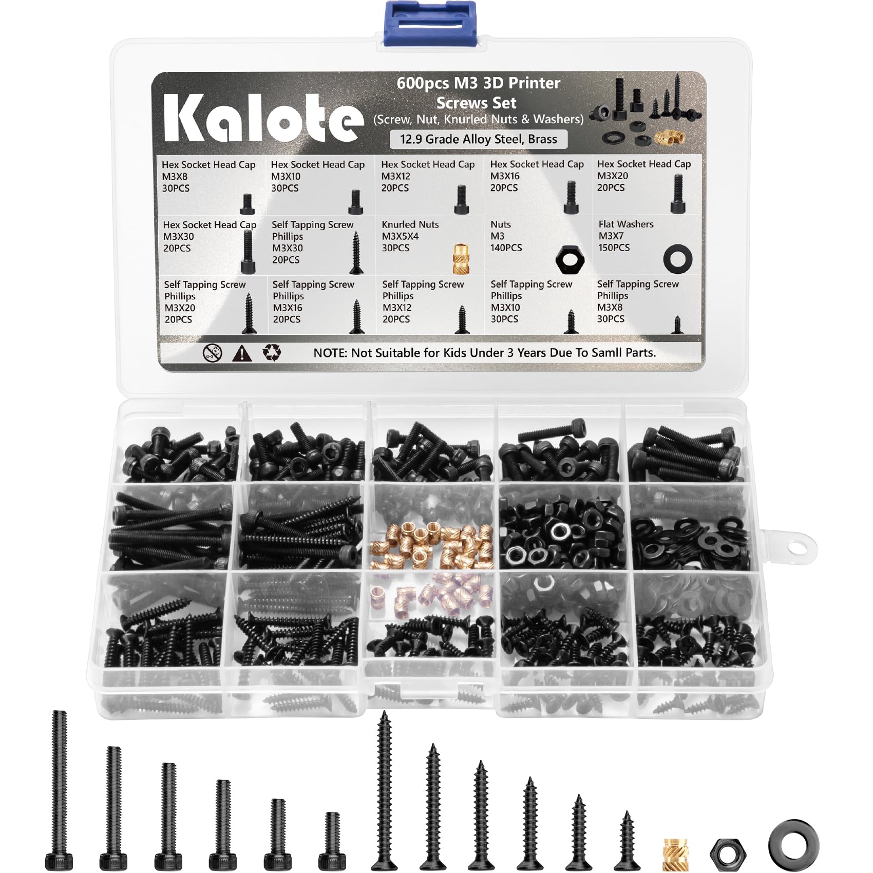 M3 Nuts and Bolts Set, 600 Pcs Hexagon Socket Head Cap, Hex Socket Cap Head Screws, Black Machine Screw Bolts and Nuts and Flat Washers Assortment Kit, for DIY Bicycle Motorcycle Repair