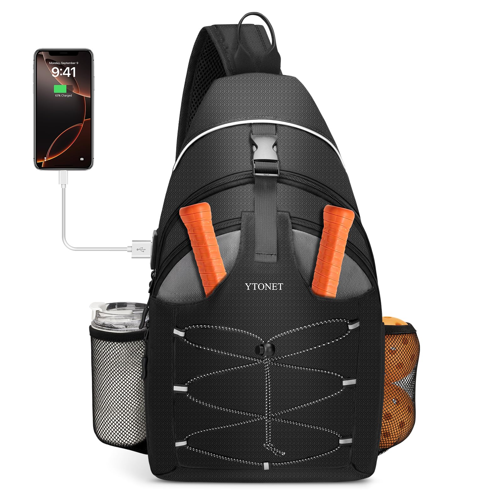 Photo 1 of Ytonet Pickleball Bags for Men with Wet/Dry Compartment, Pickleball Paddle Bag with USB Charging Port & Pocket Compatible with AirTag, Water-Resistant Pickle ball Backpack Sling Bags for Women, Black