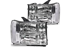 PIT66 Headlight Assembly, Compatible with 2007-2013 GMC Sierra 1500 2500HD 3500HD Driver & Passenger Side Pickup Truck Replacement Headlamp Clear Lens Chrome Housing Clear Reflector